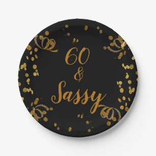 Assiettes En Carton 60 ans et Sassy 60e anniversaire Noir Faux Or