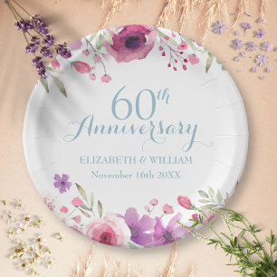 Assiettes En Carton 60e anniversaire Aquarelle Rose verdure