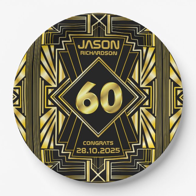 Assiettes En Carton 60e anniversaire Art Déco Gold Black Great Gatsby (Devant)