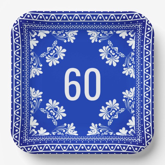 Assiettes En Carton 60e anniversaire Bandana Bleu Plaques de papier (Recto)
