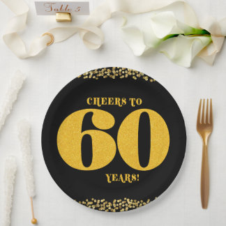 Assiettes En Carton 60e anniversaire Cheers à 60 ans Soixante Or Noir