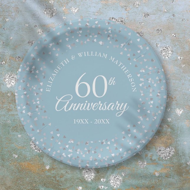 Assiettes En Carton 60e anniversaire de Mariage Amour Coeurs Confetti (60th Wedding Anniversary Love Hearts Confetti Paper Plates)