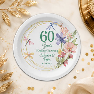 Assiettes En Carton 60e Anniversaire de Mariage Cadre Floral en Or