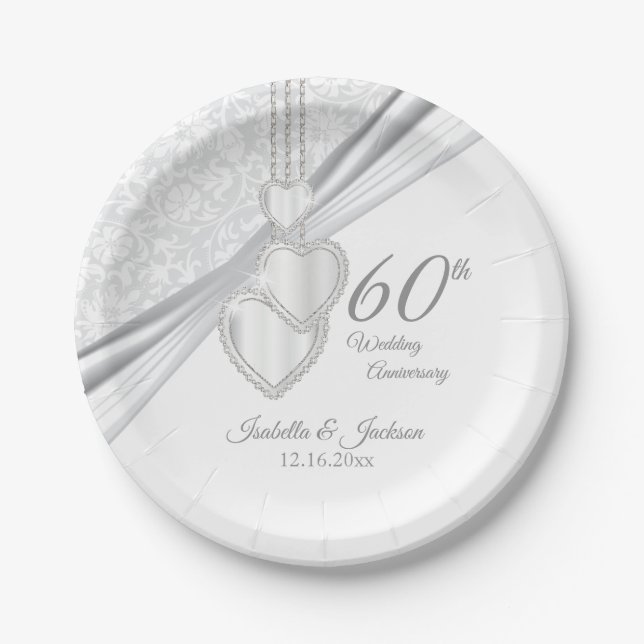 Assiettes En Carton 60e anniversaire du Mariage Diamond sur Blanc (Devant)
