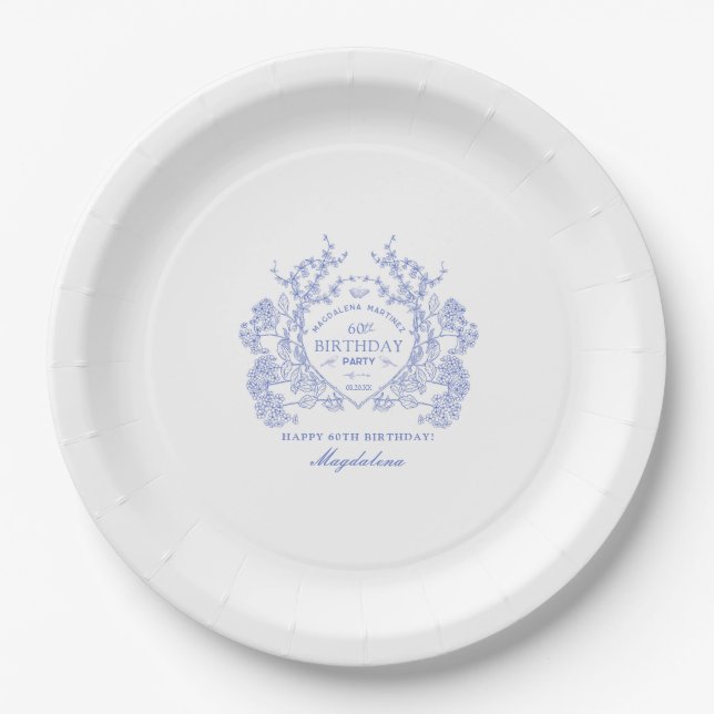 Assiettes En Carton 60e anniversaire Français Blue Floral Crest Custom (Devant)