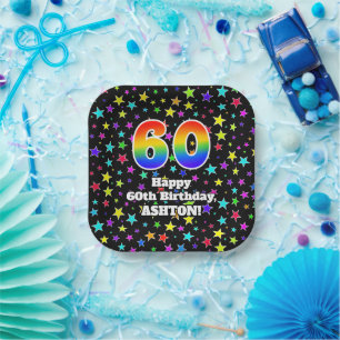 Assiettes En Carton 60e anniversaire : Fun Stars Motif et Rainbow "60"