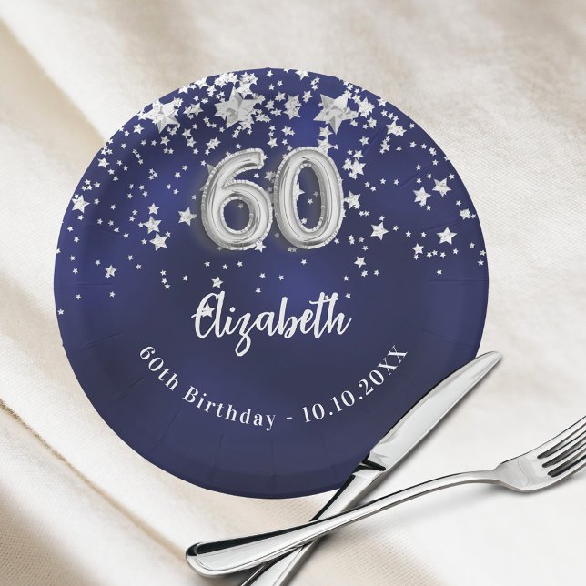 Assiettes En Carton 60e anniversaire marine bleu argent étoiles (Créateur téléchargé)