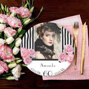 Assiettes En Carton 60e anniversaire noir blanc rayures photo florale