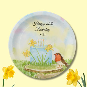 Assiettes En Carton 60e anniversaire Robin avec gâteau au jonquille