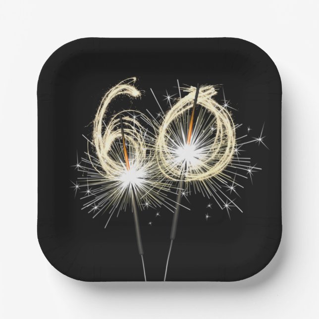 Assiettes En Carton 60e anniversaire Sparklers de fête sur noir (Recto)