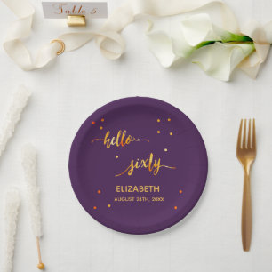 Assiettes En Carton 60e anniversaire violet script de typographie or
