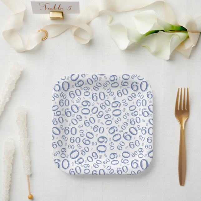 Assiettes En Carton 60e Motif de numéro aléatoire bleu/blanc (Mariage)