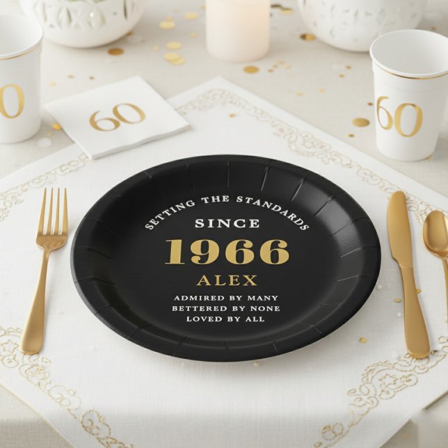 Assiettes En Carton 60th Birthday Name 1966 Black Gold Elegant Chic (1966 black birthday paper plate. White background)