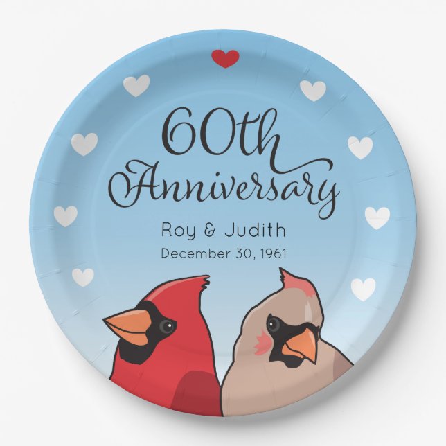 Assiettes En Carton 60th Wedding Anniversary, Cardinal Pair (Devant)