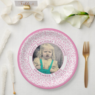 Assiettes En Carton 65 Votre motif de numéro aléatoire photo Rose/Blan