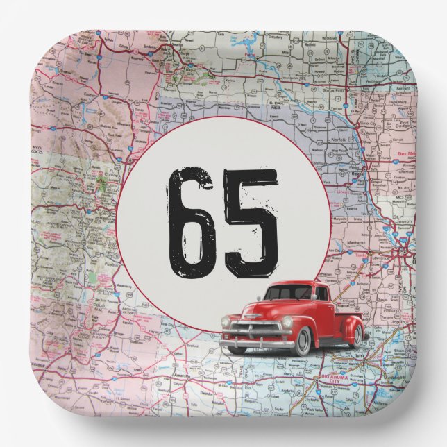 Assiettes En Carton 65e anniversaire Camion rouge Retro sur la carte r (Recto)