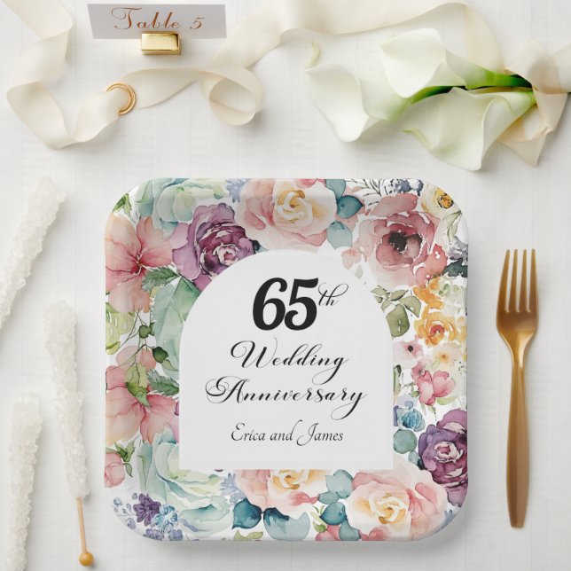 Assiettes En Carton 65e anniversaire de Mariage Élégant script floral (Mariage)
