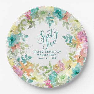 Assiettes En Carton 65e Anniversaire Été Aquarelle Floral Personnalisé