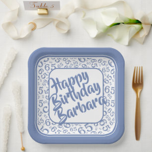 Assiettes En Carton 65e anniversaire Numéro de fête Motif Bleu Blanc