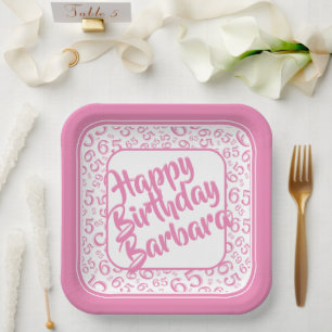 Assiettes En Carton 65e anniversaire Numéro de fête Motif rose blanc