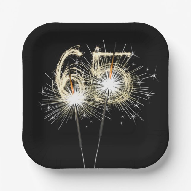 Assiettes En Carton 65e anniversaire Sparklers de fête sur noir (Recto)