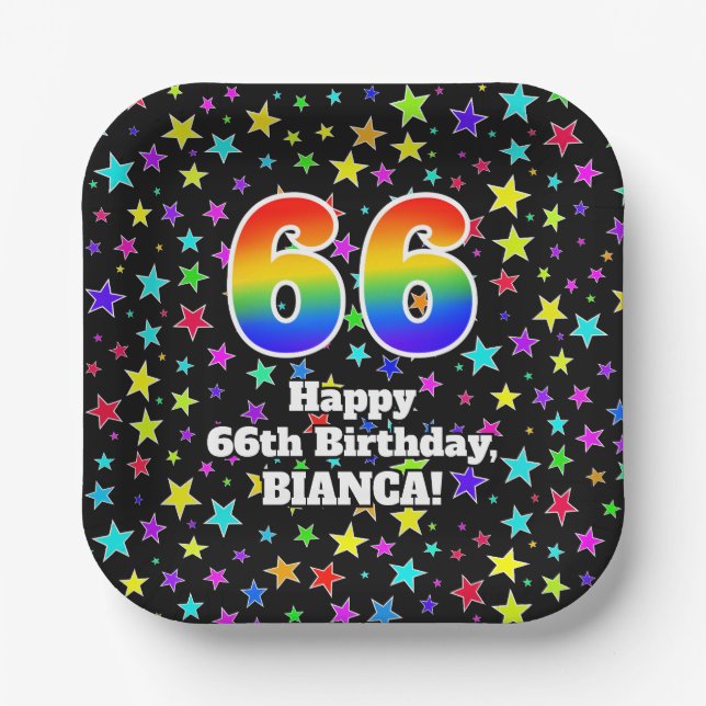 Assiettes En Carton 66e anniversaire : Fun Stars Motif et Rainbow "66" (Recto)
