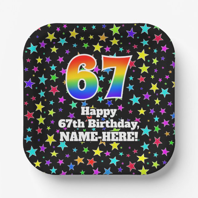 Assiettes En Carton 67e anniversaire : Fun Stars Motif et Rainbow "67" (Recto)