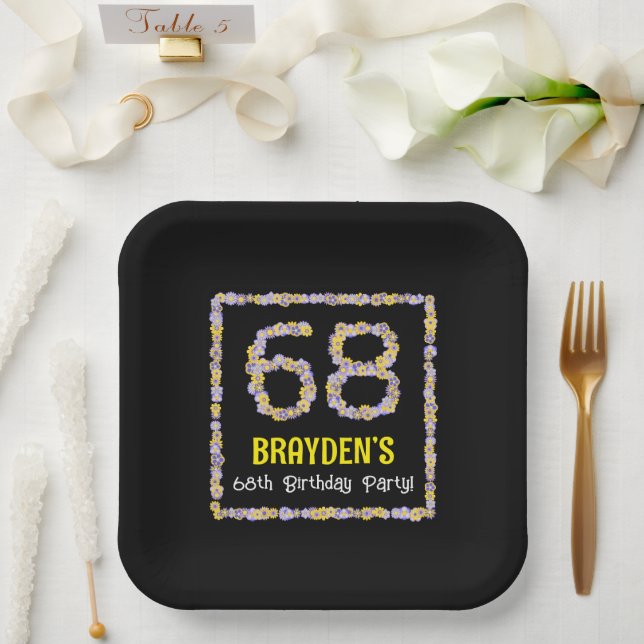 Assiettes En Carton 68e anniversaire : Floral Flowers Numéro, Nom pers (Mariage)