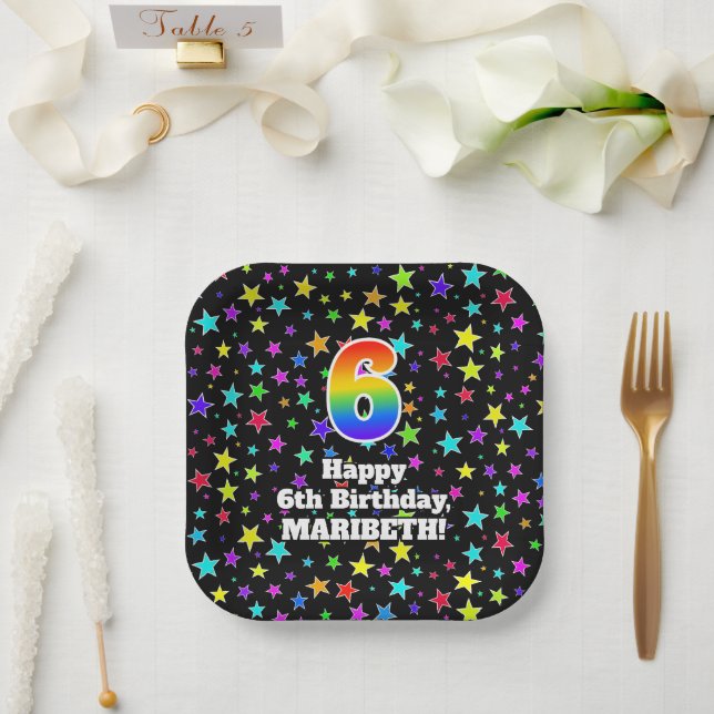 Assiettes En Carton 6e anniversaire : Fun Stars Motif et Rainbow "6" (Mariage)