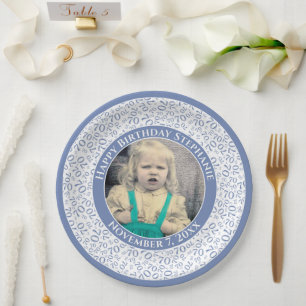 Assiettes En Carton 70 Votre photo Numéro Aléatoire Motif Bleu/Blanc