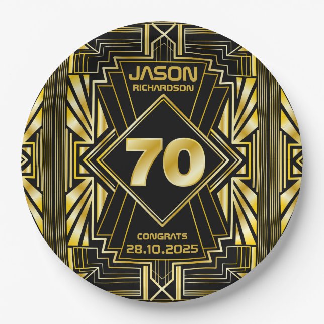 Assiettes En Carton 70e anniversaire Art Déco Gold Black Great Gatsby (Devant)