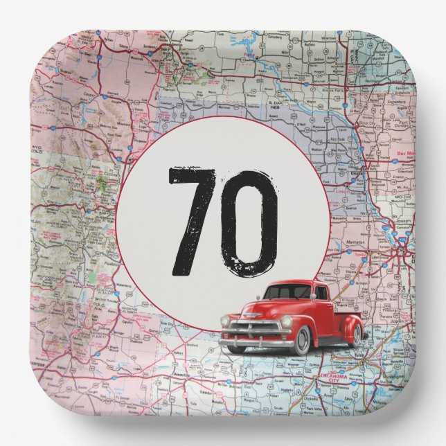Assiettes En Carton 70e anniversaire Camion rouge Retro sur la carte r (Recto)