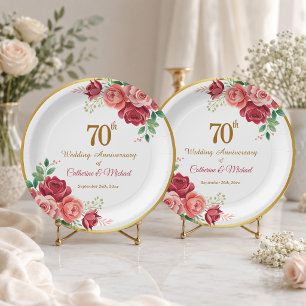 Assiettes En Carton 70e Anniversaire de Mariage Cadre Doré Floral