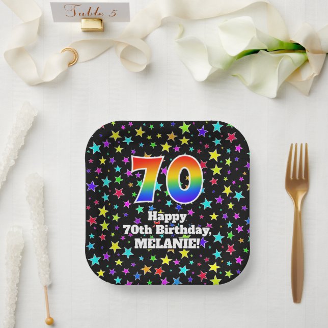 Assiettes En Carton 70e anniversaire : Fun Stars Motif et Rainbow "70" (Mariage)