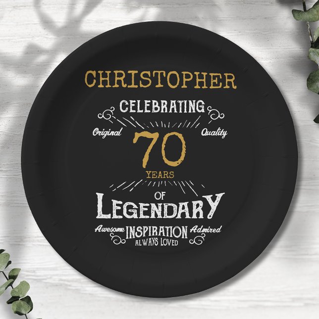 Assiettes En Carton 70e anniversaire Legendary Black Gold Retro (For those celebrating their 70th birthday we have the ideal birthday party plates)