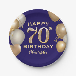 Assiettes En Carton 70e Anniversaire Marine Bleu et Ballons d'or
