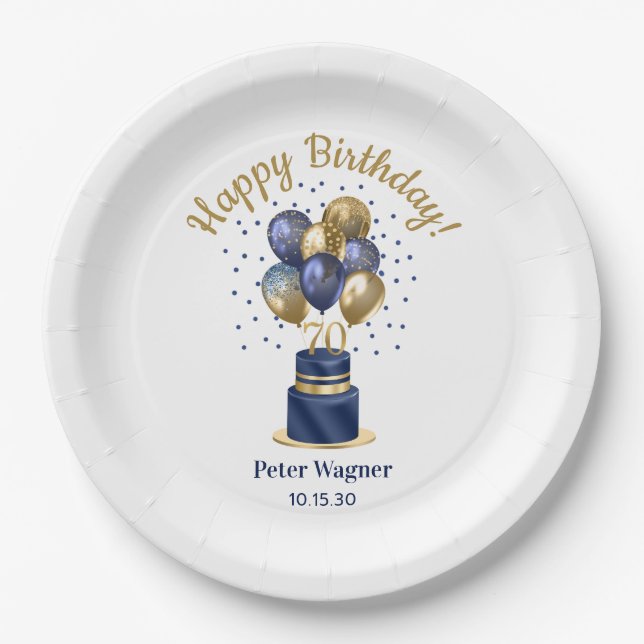 Assiettes En Carton 70e anniversaire Marine Blue Balloon Cake (Devant)