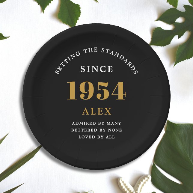Assiettes En Carton 70e anniversaire Nom 1954 Black Gold Elegant Chic (Sophisticated 70th Birthday Unique Black & Gold Party Paper Plates)