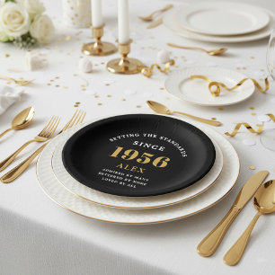 Assiettes En Carton 70e Anniversaire Nom 1956 Noir Or Élégant Chic