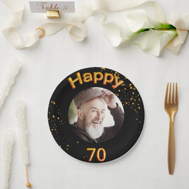 Assiettes En Carton 70e anniversaire photo noir or (Mariage)