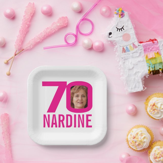 Assiettes En Carton 70e anniversaire rose vif blanc 70 photo personnal (Fête)