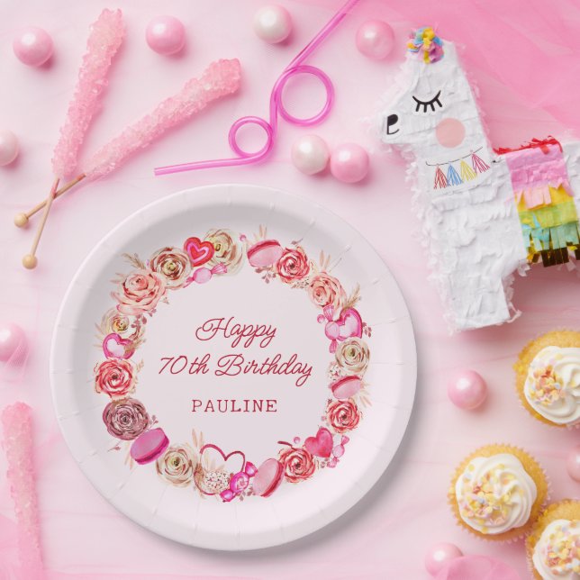 Assiettes En Carton 70e anniversaire Roses roses Tourbillonnant Coeur (Fête)