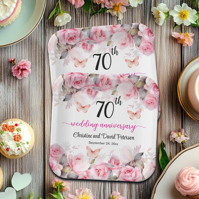 Assiettes En Carton 70e Mariage Platinum Anniversaire Roses Blush (Créateur téléchargé)