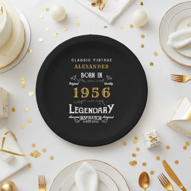 Assiettes En Carton 70th Birthday 1956 Legendary Retro (1956 black paper plate on  a white and gold background)