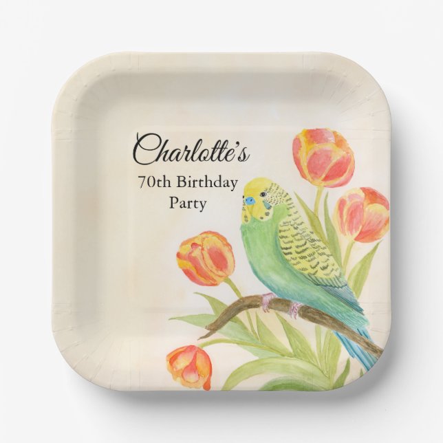 Assiettes En Carton 70th Birthday Party Parakeet with Tulips  (Recto)