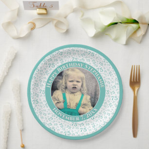 Assiettes En Carton 75 Votre photo Numéro Aléatoire Motif Turquoise/Bl