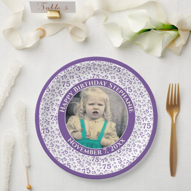 Assiettes En Carton 75 Votre photo Numéro Aléatoire Motif Violet/Blanc (Mariage)
