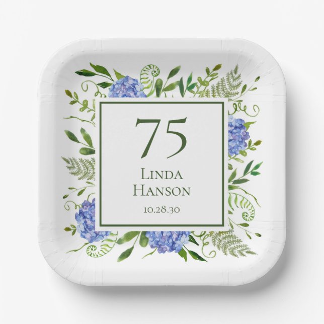 Assiettes En Carton 75e anniversaire Blue Hydrangeas (Recto)