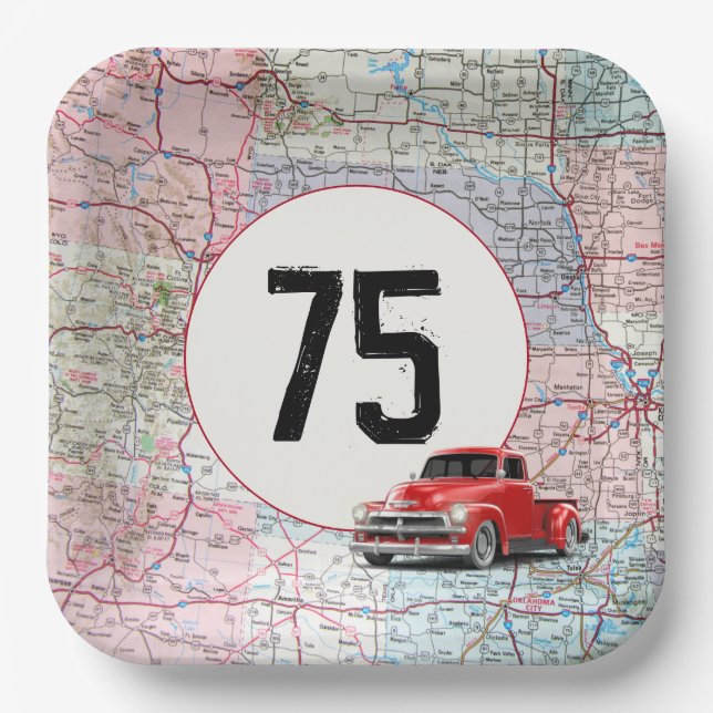 Assiettes En Carton 75e anniversaire Camion rouge Retro sur la carte r (Recto)