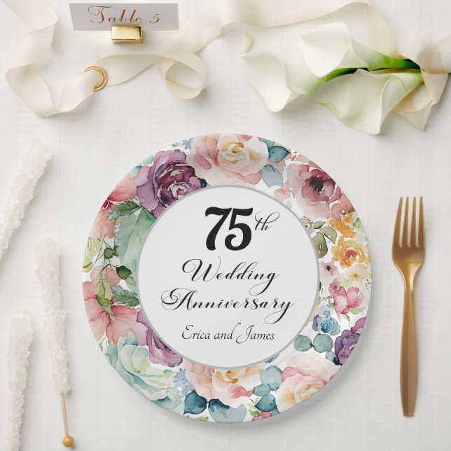 Assiettes En Carton 75e anniversaire du Mariage Élégant script floral (Mariage)